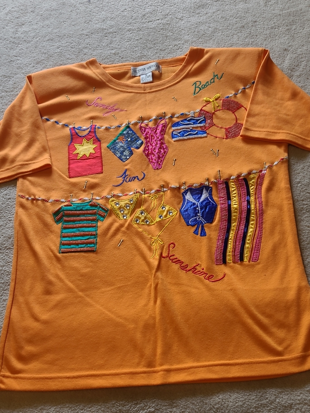 Victoria Harbour VINTAGE Size S Short Sleeve Orange Embellished Beach Tee